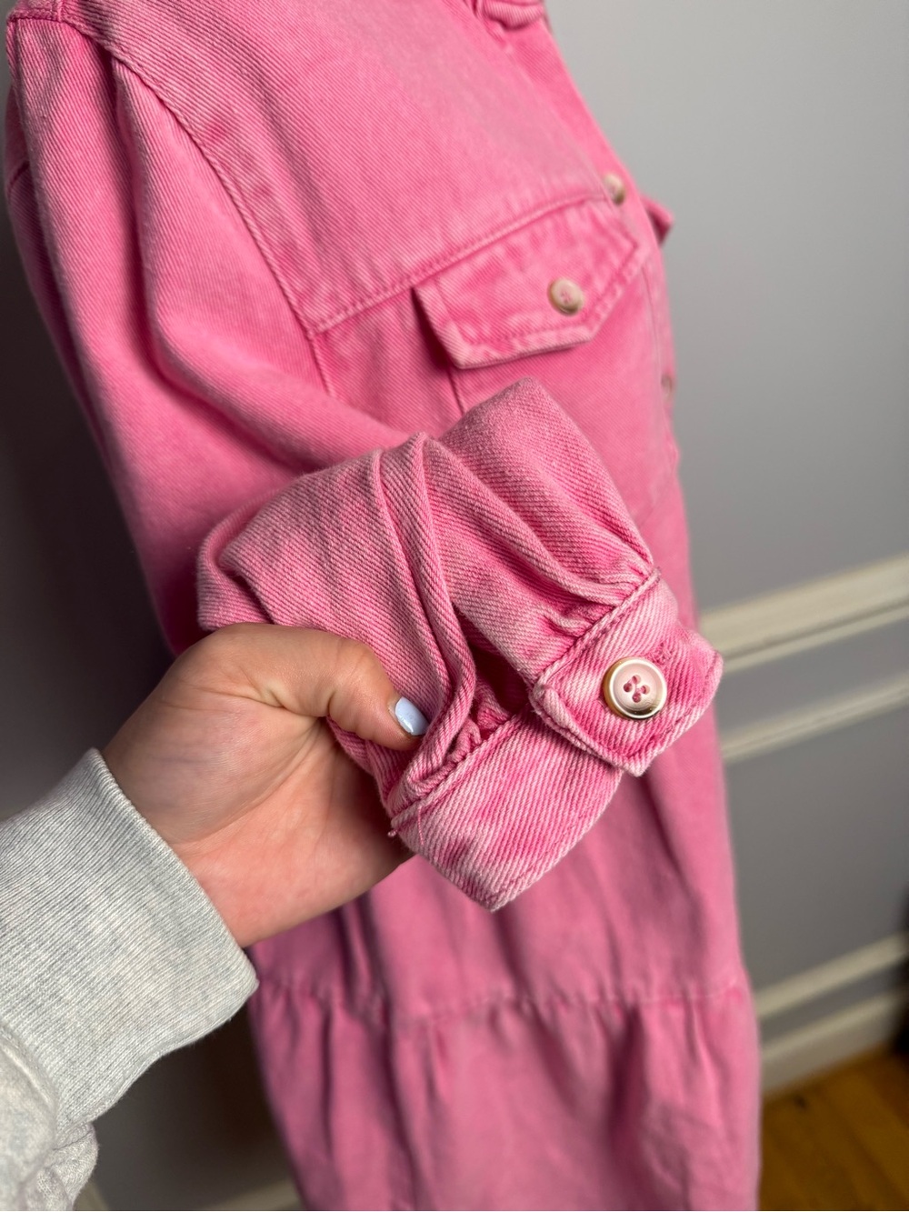 Andrée By Unit Pink Denim Tiered Shirt Dress Button Front Long Sleeve M - Picture 6 of 11